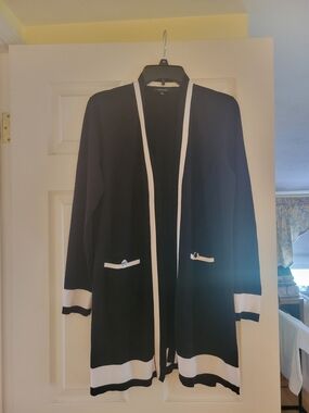 Verve Ami Black and White Trim Long Cardigan